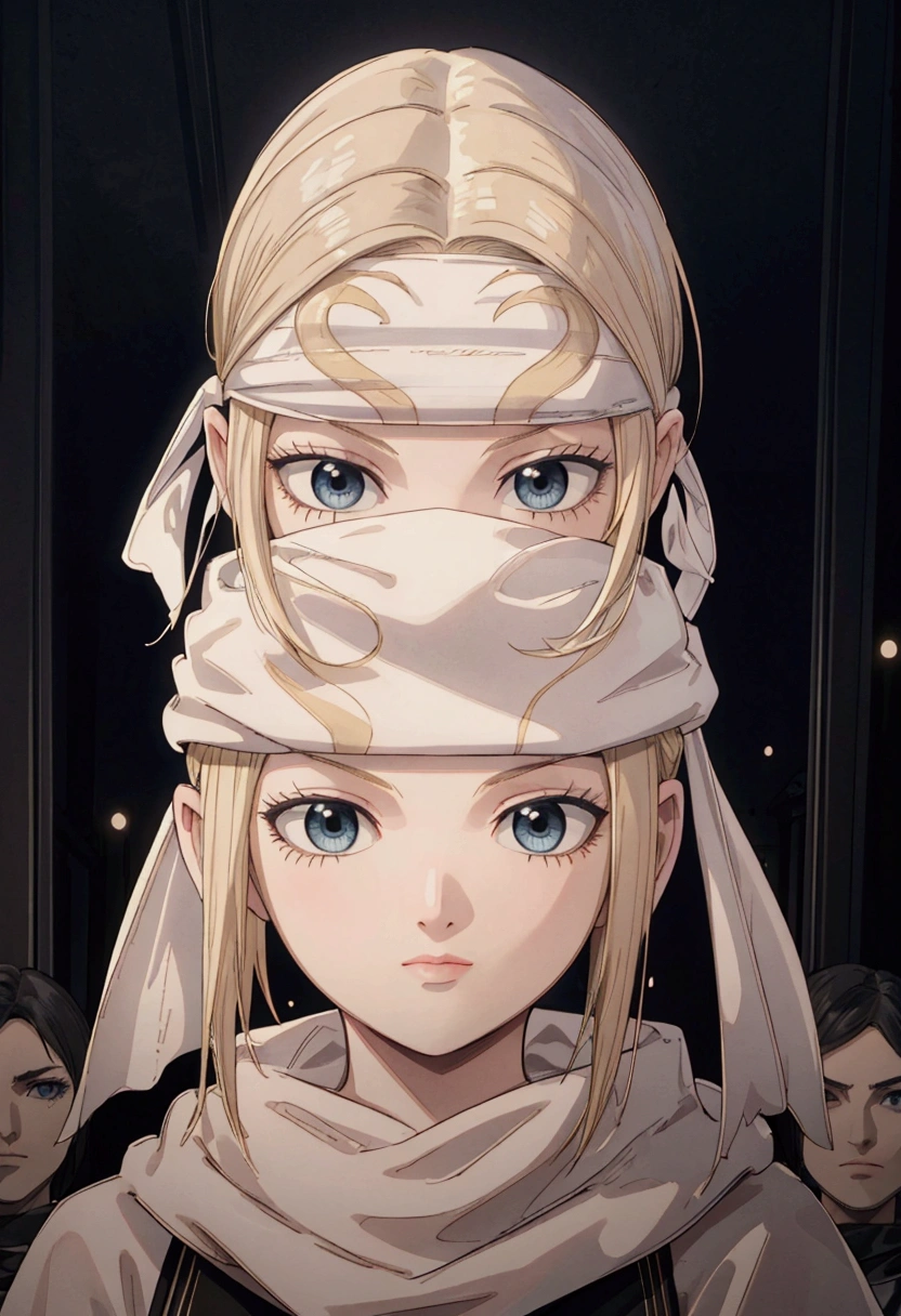 masterpiece), best quality, high resolution blonde 1girl bob cut medium hair standing alone cowl headband profile image looking at viewer beautiful eyes beautiful face extremely detailed