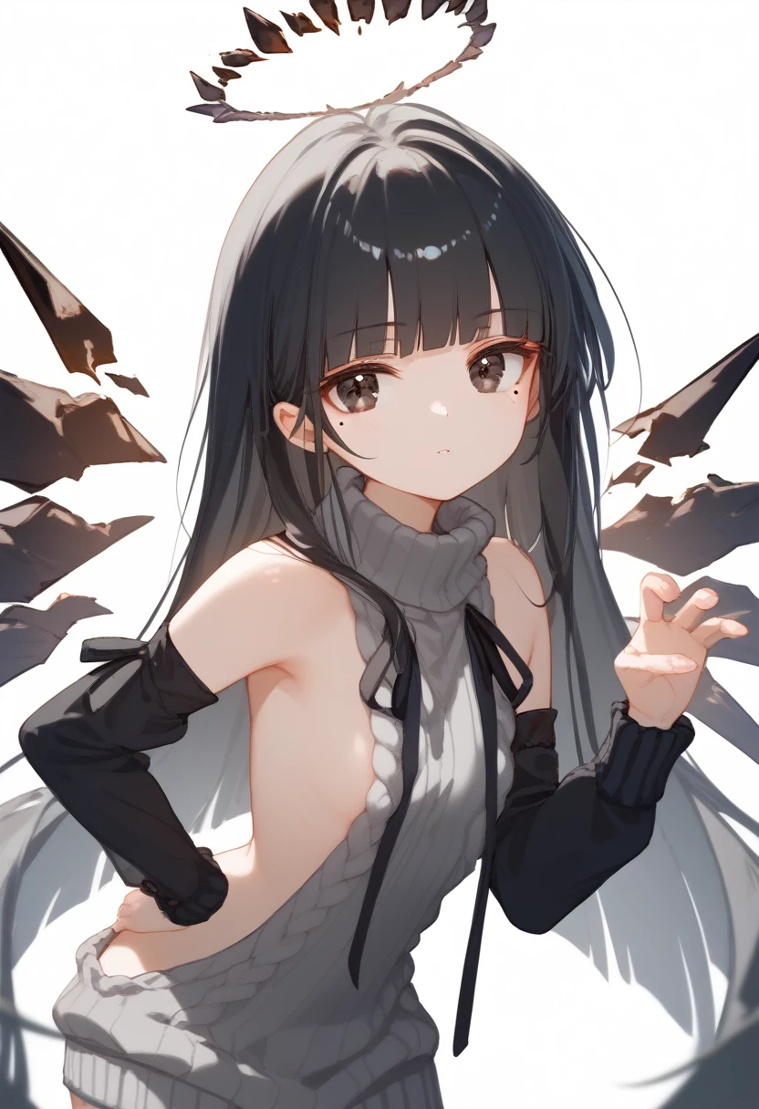 (score_9, score_8_up, score_7_up), 1girl, VirtuosaBase, cute, (chibi:0.7), black hair, blunt bangs, long hair, broken halo, energy wings, black eyes, mole under right eye, small breasts, virgin killer sweater, detached sleeves, gray sweater, single hand victory pose, hand on hip, leaning forward, looking at viewer, upper body, zoom out, white background, , breasts