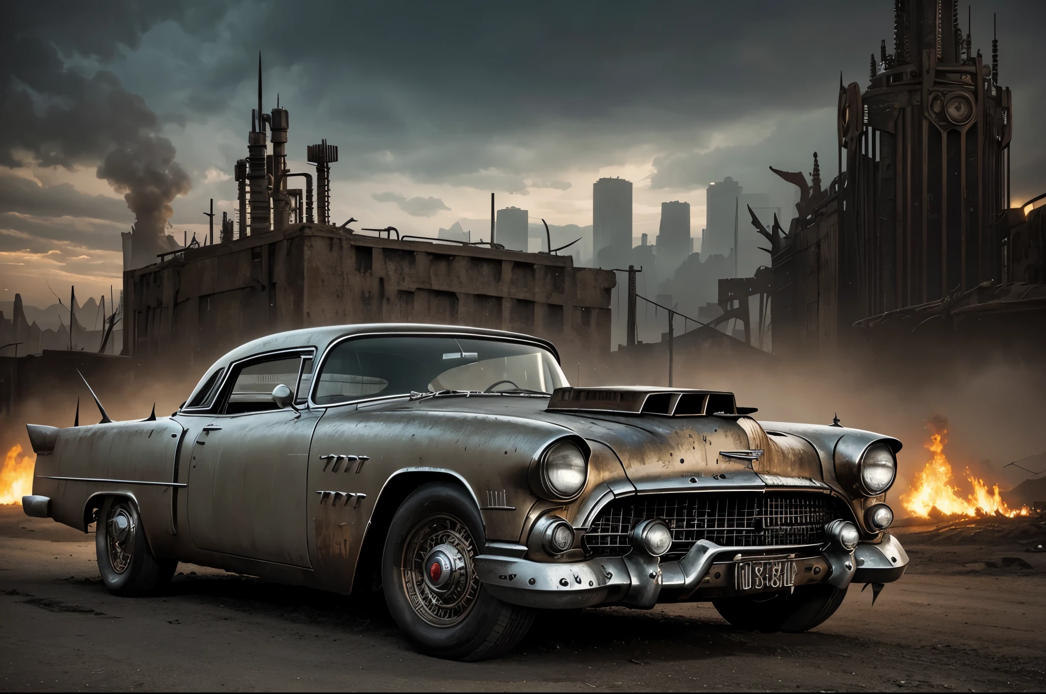 old rusty 1955 cadilac eldorado with spikes and spikes on the hood, steampunk car, dramatic art, dieselpunk art style, apocalyptic road warrior vibe, surreal digital art, mad max inspired, heavy metallic artwork, chrome face symmetry, arte steampunk digital, It's not the Mad Max style, metallic art, It's not Filip Hodas' art style, steampunk digital art, dieselpunk