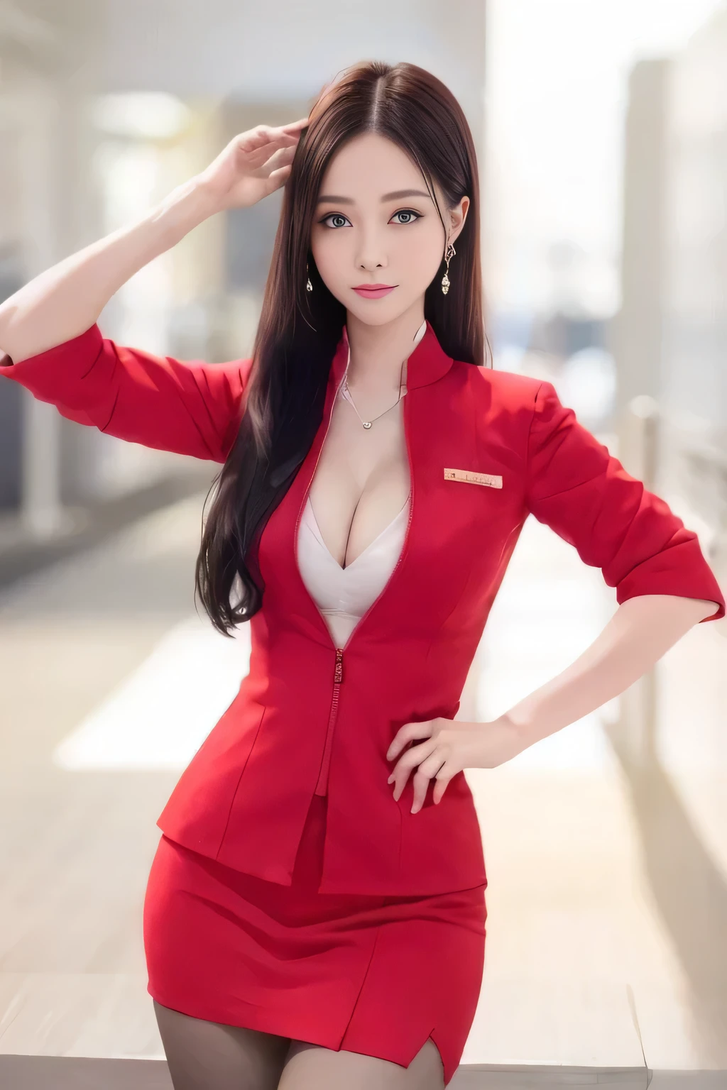 (masterpiece:1.2, Highest quality:1.2), 32k HDR, High resolution, (alone, 1 Girl), （AirAsia stewardess uniform realistic style）, A proper woman, Beautiful Face, Brown Hair, (Long hair down to the legs), (Red jacket:1.1, Unzipped jacket, Unbuttoned white shirt:1.05, Red mini skirt:1.1, pantyhose),（Showing big  through cleavage in unbuttoned white shirt）、（long hair that reaches down to the legs）、Perfect slim body:1.1, Huge breasts, huge breasts cleavage, Detailed skin texture, Beautiful Eyes, (Attractive look:1.2), necklace、Earrings、(forward leaning posture:1.5）, On the roof of a building, Rooftop at daytime,Blue eyes、Hands should be lowered