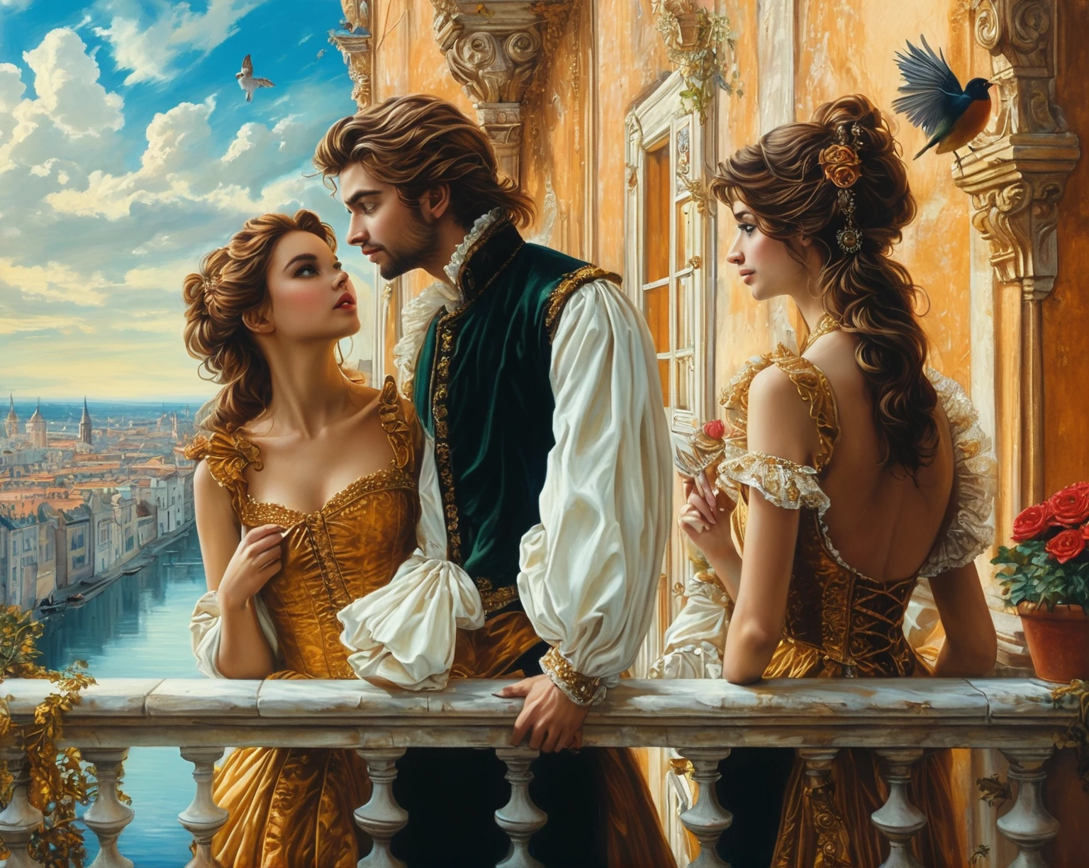 a painting of a man and woman standing on a balcony in front of a building, scene of secret conversation between lovers on the balcony in front of the building, she covers her face with a fan, coquettish look, he holds her hand and passionately whispers in her ear, at the door they are overheard by her secret admirer, stylized urban fantasy artwork, digital art fantasy, beautiful digital artwork, realistic fantasy illustration, retro and fantasy style, romantic storybook fantasy, realistic fantasy photography, baroque painting. star lit sky, magic realism matte painting, fantasy fairytale story, digital art fantasy art, fantasy photography