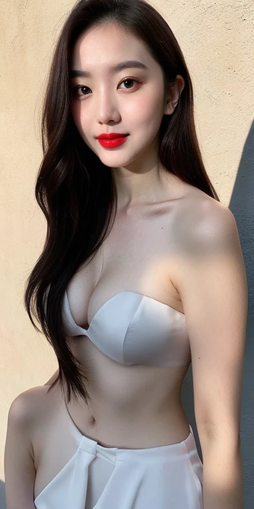 instagram photo, closeup face photo of 23 y.o, ((nude)), Red Lipstick, sensual Lipstick, Sensational Make Up, cleavage, pale skin, (smile:0.4), hard shadows, bright lighting 