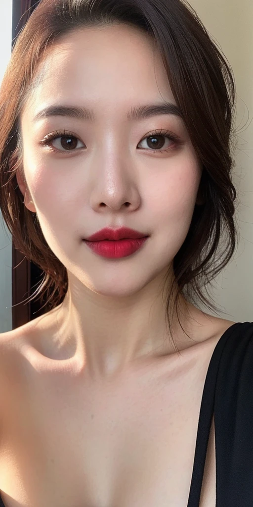 instagram photo, closeup face photo of 23 y.o, ((nude)), Red Lipstick, sensual Lipstick, Sensational Make Up, cleavage, pale skin, (smile:0.4), hard shadows, bright lighting 