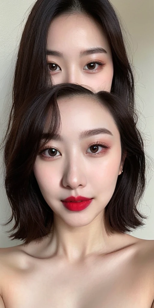 instagram photo, closeup face photo of 23 y.o, ((nude)), Red Lipstick, sensual Lipstick, Sensational Make Up, cleavage, pale skin, (smile:0.4), hard shadows, bright lighting