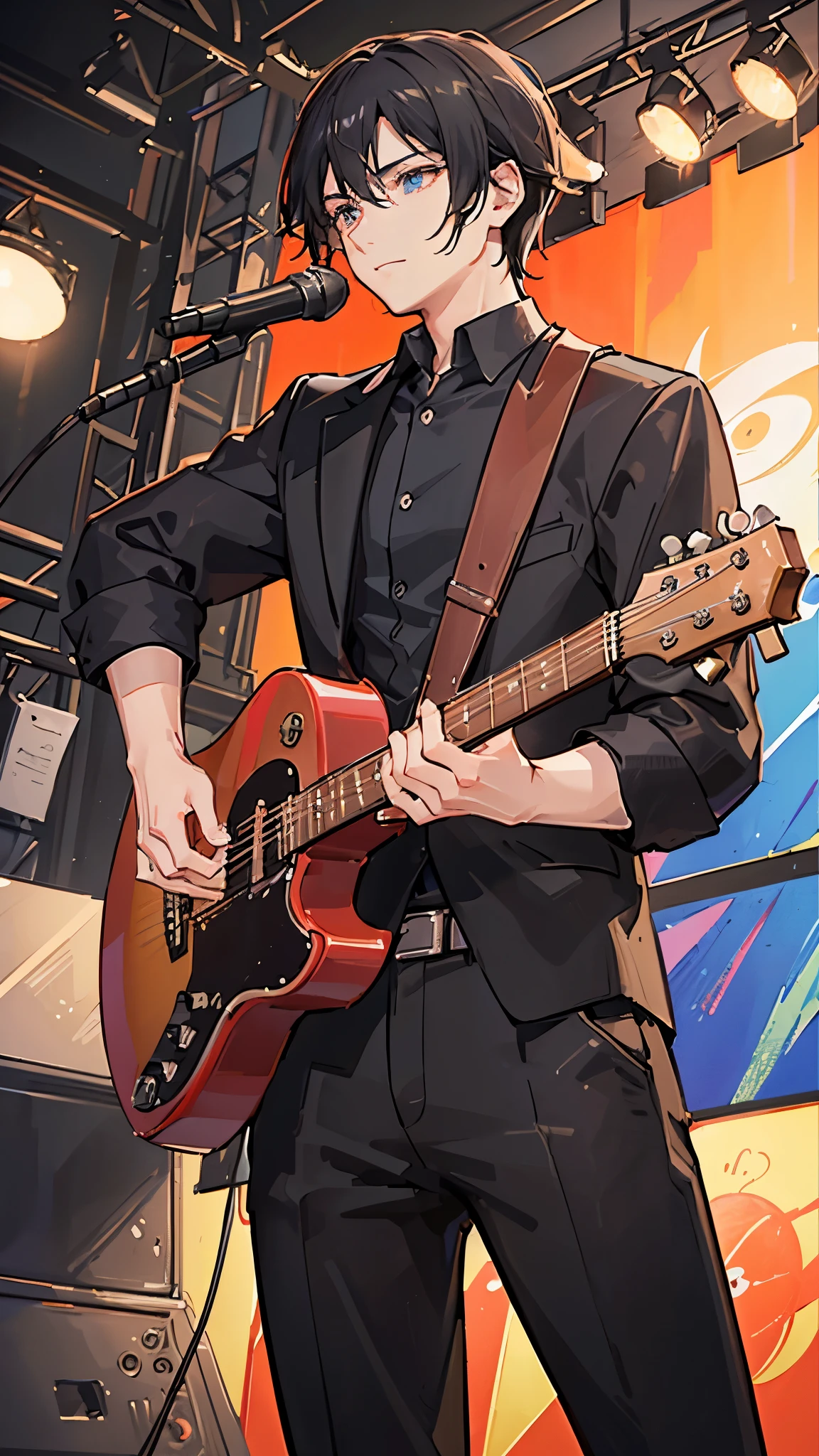 (Highest quality)), ((masterpiece)), (detailed),The background is the live stage、I have a guitar in my hand、Singer-songwriter、A man around 35 years old、A man with waist-length black hair tied back、Wearing a black suit,Eye color is a calm blue、Location: Big hall stage。