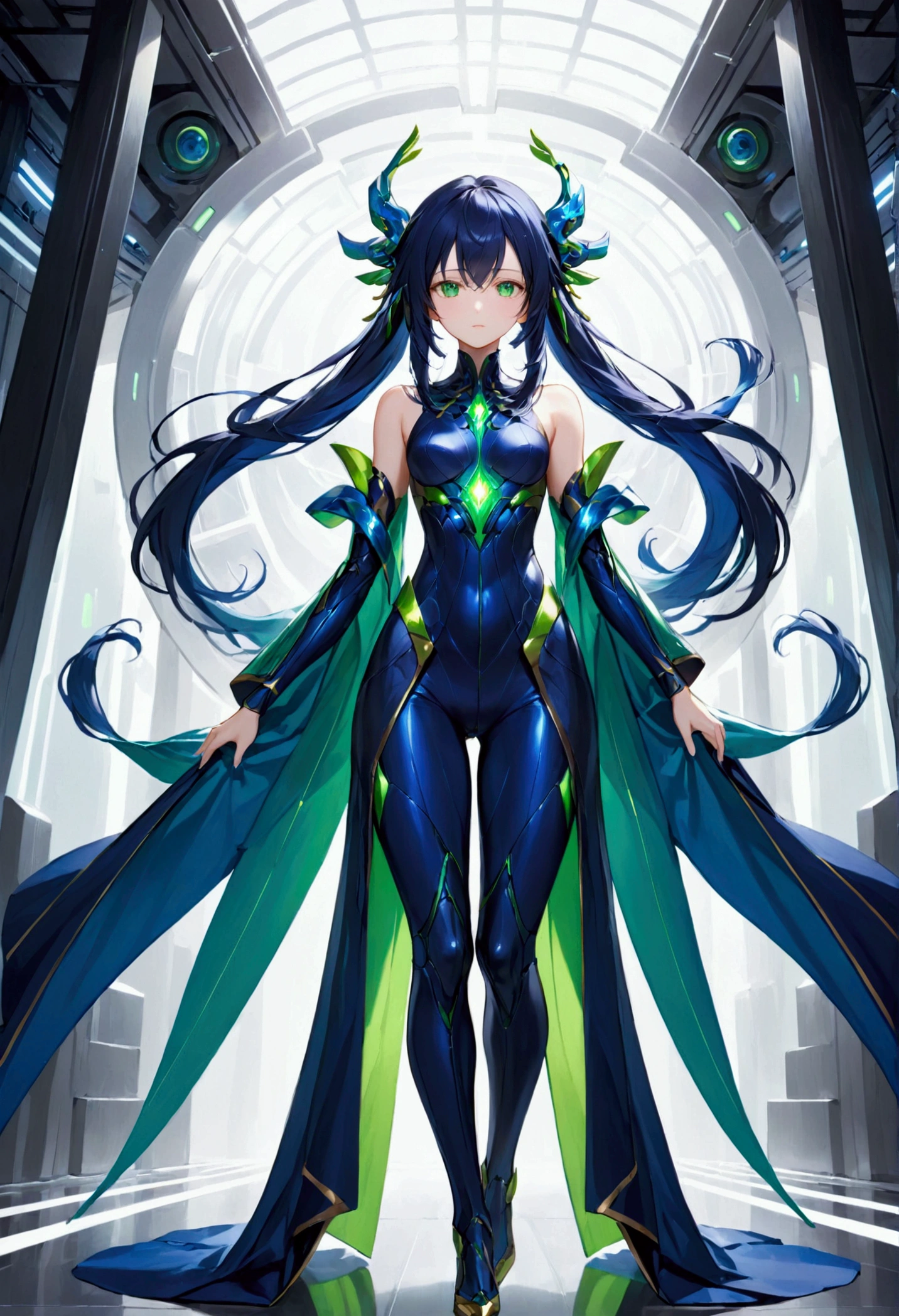 Girl with dark blue hair, green eyes,tall rectangular body figure, mature,white Daojiao fushi