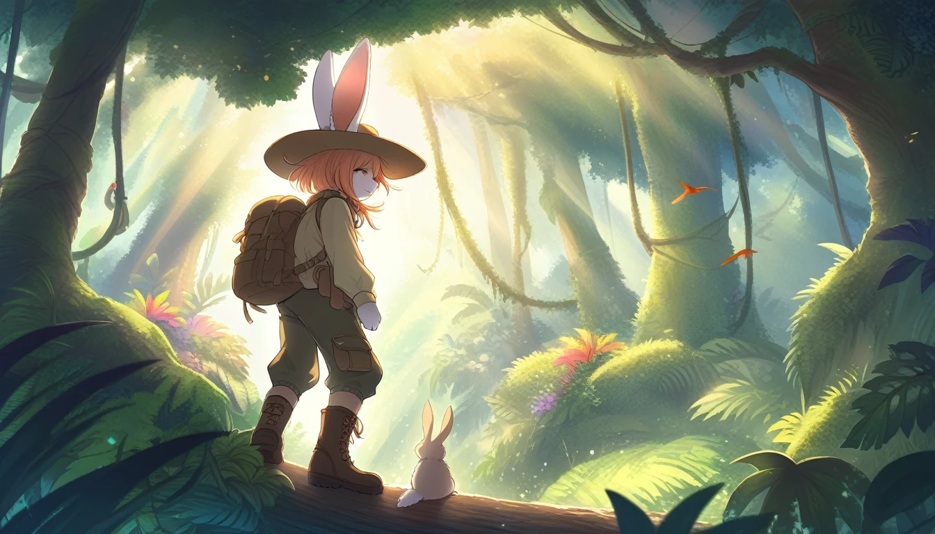 ((Masterpiece)), ((Best Quality)), (Very Detailed), ((Very Detailed)), 4K, (8K), very aesthetic, absurdres highres, 1 girl, (anthropomorphic Rabbit, furry, kemono:1.5), Adventurer, a jungle illuminated by the sunrise. A quiet and peaceful atmosphere, with giant rainforest trees and colorful birds flying between the vine-covered trees. jungle, tropical rainforest, lush trees, untouched, adventurer, detailed attire, khaki long-sleeve shirt, multi-pocket vest, cargo pants, trekking boots, gaiters, wide-brim hat, khaki backpack, gloves, morning light, colorful birds, sunlight reflection, peaceful, mysterious, exploration,