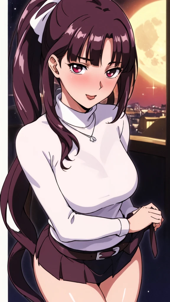 white cape turtleneck, black pencil shirt,black long skirt, black belt tied skirt, hair ornament, hair scrunchie, (She had her hair tied with a simple ribbon at the back). low ponytail, downer ponytail, middle ponytail, long hair, bangs, brunette, black hair, blunt bangs, big red eyes, alone, 1 girl, Young female, 18 years old, sexy gal, very cute, smile, Beautiful Finger,Beautiful long legs,Beautiful body,Beautiful Nose,Beautiful character design, perfect eyes, perfect face,expressive eyes, looking at viewer, in the center of the image,(light smile:0.5), official art, outdoor, portrait, perfect lighting,Colorful, Bright_Front_face_Lighting,shiny skin, (masterpiece:1.0),(best quality:1.0), ultra high res,4K,ultra-detailed, photography, 8K, HDR, highres, absurdres:1.2, Kodak portra 400, film grain, blurry background, bokeh:1.2, lens flare, (vibrant_color:1.2), (beautiful face), (slender body, curvy body, slim waist, slim hip), (ashamed, blushing), glossy lip rouge, glossy crimson rouge, (jealousy), SFW, seductive, charming,(attractive,enchanting,fascinating,captivating,bewitching,enthralling,entrancing,attractive,gripping,engrossing),airport,night,fullmoon,bluemoon,(flush, blush, flushing, suffusion),(perplexity; aporioneurosis; quandary; bewilderment; embarrassment),dallying,elegance,smart,beautiful long hair, brown blazer, silver metal moon necklace,