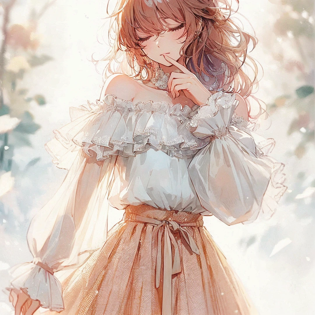 Official art using high-quality hand-drawn watercolor sketch techniques. (best quality,4k,8k,highres,masterpiece:1.2),ultra-detailed,beautiful detailed closed eyes,A girl with closed eyes, everyone, beautiful anime girl, cute anime girl, smooth anime art, anime style, elegant colors, soft lighting, closedeyes, very coquettish, (beautiful large breast:1.2), (correct hands:1.2),