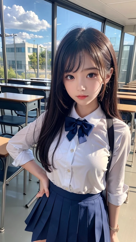 masterpiece, Highest quality, Spring outfit, Colorful Hair,  exterior,cloud ,Upper body,School,uniform,classroom,mini skirt,