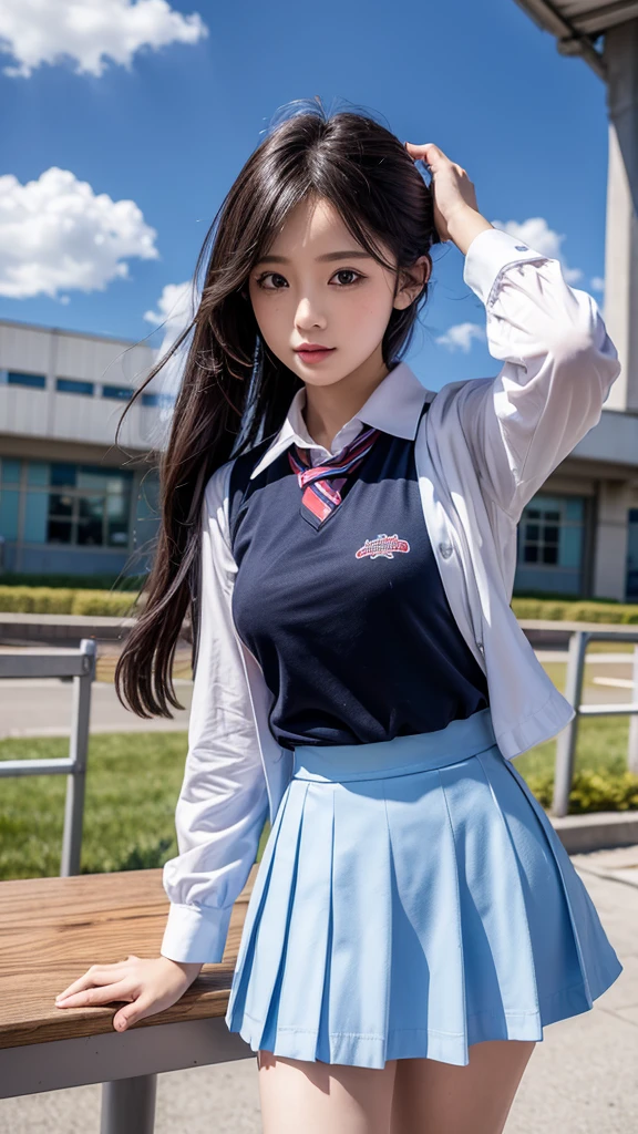 masterpiece, Highest quality, Spring outfit, Colorful Hair,  exterior,cloud ,Upper body,School,uniform,classroom,mini skirt,