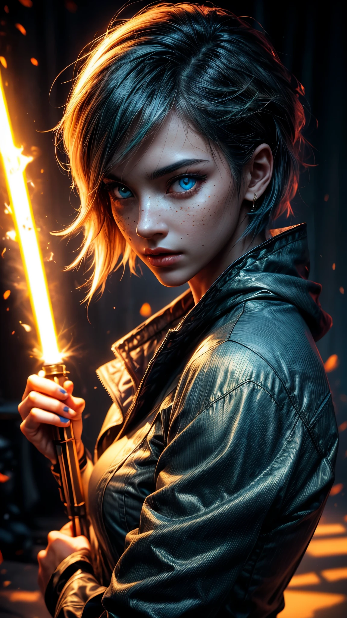 a gorgeous girl with short light blue hair, a perfect face with bright eyes, one bright yellow eye and one light blue eye, light freckles, in an anime style, with a small nose ring and piercing, wearing a sensual outfit with loose and dark clothing, holding a reamist lightsaber in a dynamic pose, (best quality,4k,8k,highres,masterpiece:1.2),ultra-detailed,(realistic,photorealistic,photo-realistic:1.37),dynamic point of view