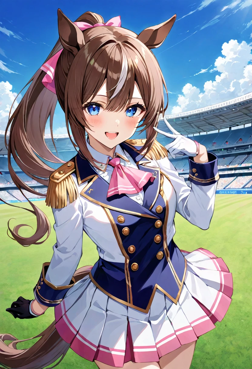 EBToukaiTeio, 1girl, solo, long hair, looking at viewer, blush, smile, open mouth, blue eyes, skirt, simple background, brown hair, gloves, long sleeves, ribbon, animal ears, jacket, tail, hair ribbon, ponytail, white hair, :d, pleated skirt, teeth, black gloves, white gloves, miniskirt, streaked hair, ascot, buttons, upper teeth only, white jacket, white skirt, horse ears, high ponytail, horse girl, multicolored clothes, horse tail, pink ribbon, epaulettes, double-breasted, asymmetrical gloves, multicolored jacket, mismatched gloves, two-tone skirt, two-tone jacket, pink ascot, single epaulette, outdoors, stadium, blue sky, day, grass