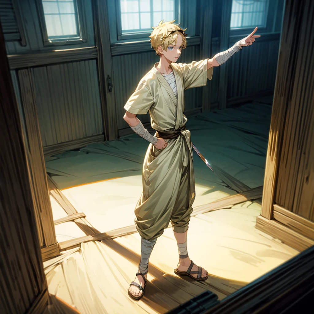 1boy, Full body version, 1character, blue eyes, short haircut, blonde color hair, bandage on head, casual style outfit, sandals, Grassroots, full background indoor building, motion blur, (one piece style art), knife in hand, standing gesture 