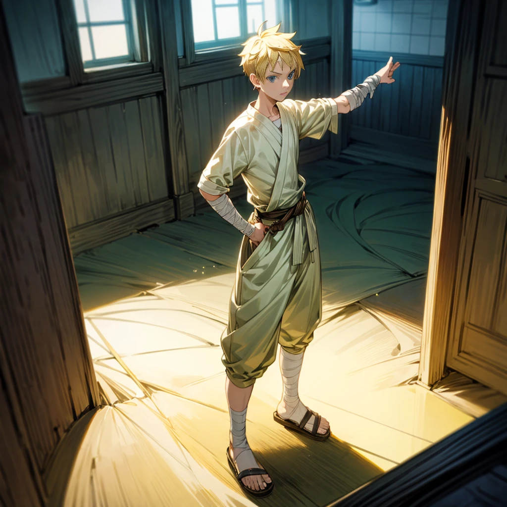 1boy, Full body version, 1character, blue eyes, short haircut, blonde color hair, bandage on head, casual style outfit, sandals, Grassroots, full background indoor building, motion blur, (one piece style art), knife in hand, standing gesture 