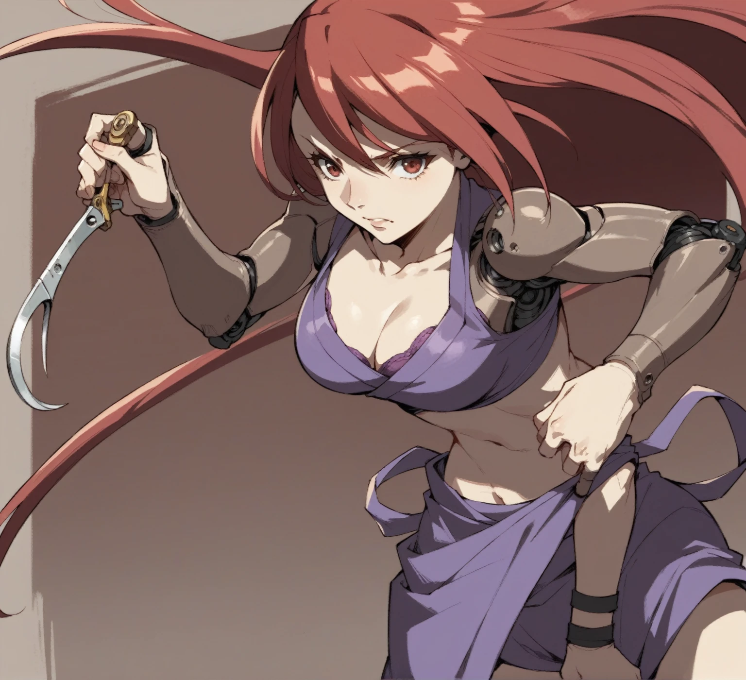 anime girl with red hair and purple bra top holding a pair of scissors, gainax anime style, female action anime girl, guilty gear art style, rogue anime girl, erza scarlet as a real person, epic anime style, advanced digital anime art ”, kurisu makise, portrait ninja gaiden girl, cyborg merchant girl, unsheathing her katana