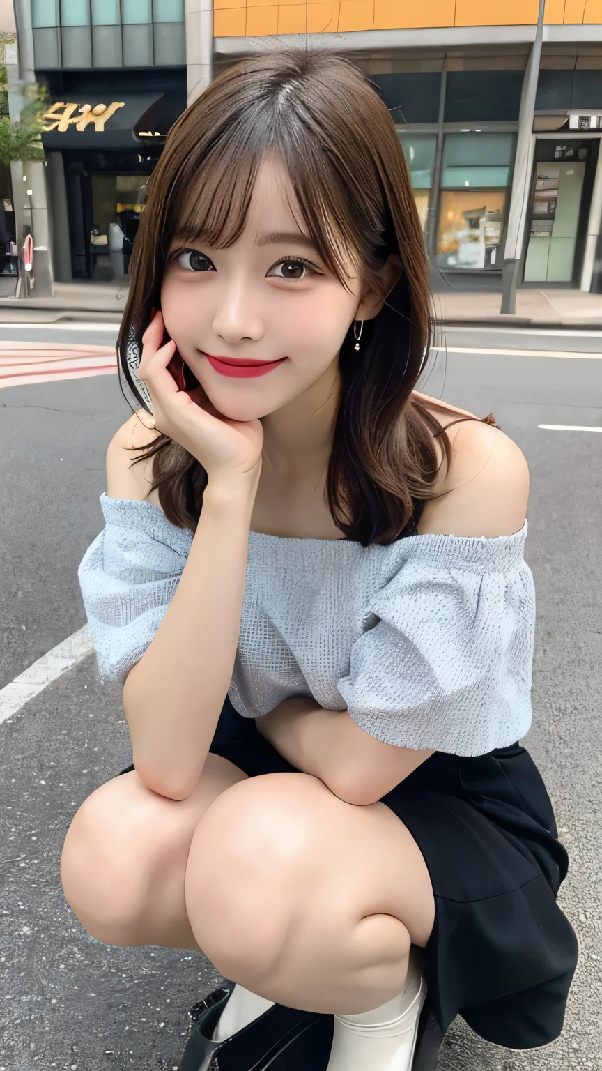 High resolution, Highest quality, Perfect dynamic composition, Beautiful attention to detail, Off the shoulder、Shiny Hair、Medium Hair, Natural color lip, university student、Harajuku、smile、Crouching、M-shaped feet