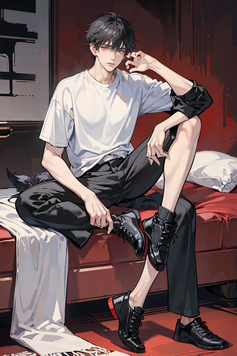 (masterpiece), best quality, seductive eyes, perfect face, handsome man, red eyes, short messy black hair, long nose, plain t-shirt, grey fitted pants, black sneakers, full body, extremely tall man, long legs, long calves, anime cover, 1boy, ear piercings, adult-like look, there's a beautiful background, bad boy