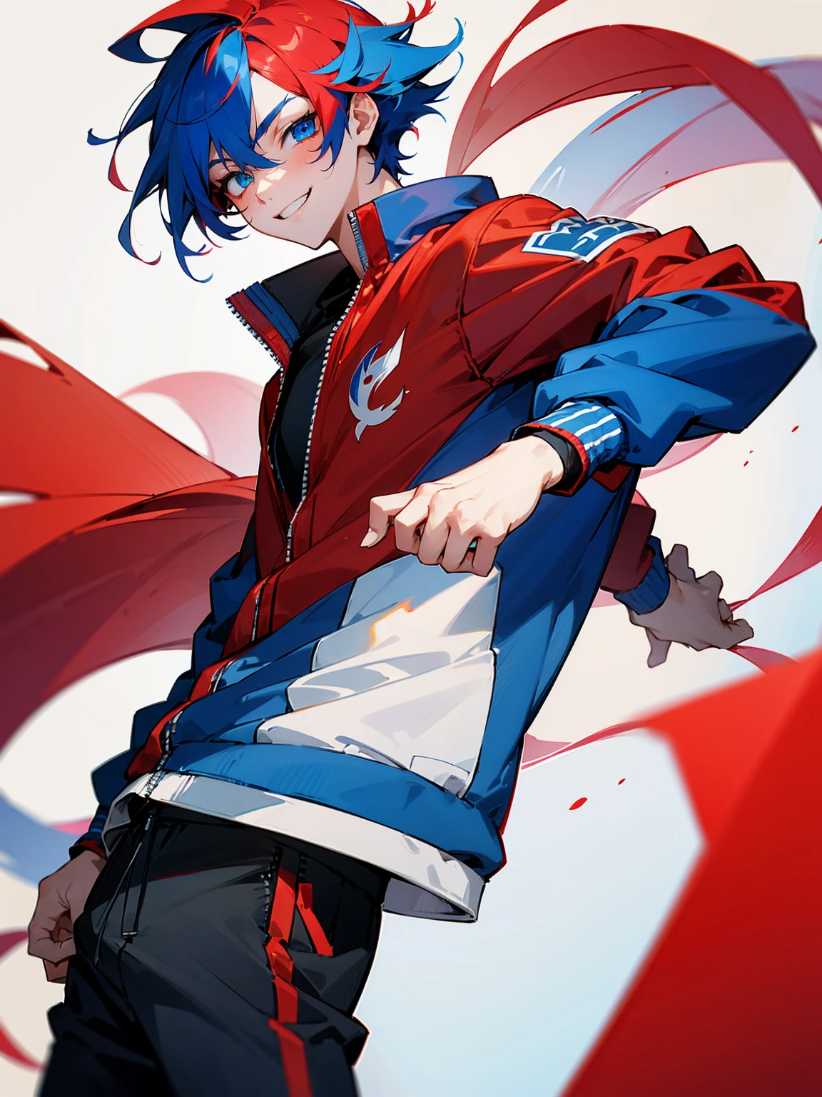 1male, adult, red and blue hair, two toned hair, red and blue varsity jacket, black sweatpants, heterochromia, red and blue eyes, smile, lean build