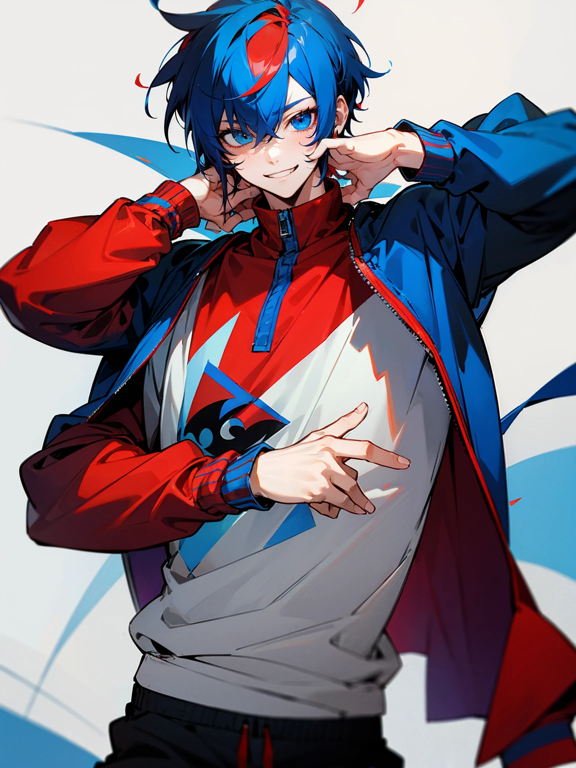 1male, adult, red and blue hair, two toned hair, red and blue varsity jacket, black sweatpants, heterochromia, red and blue eyes, smile, lean build