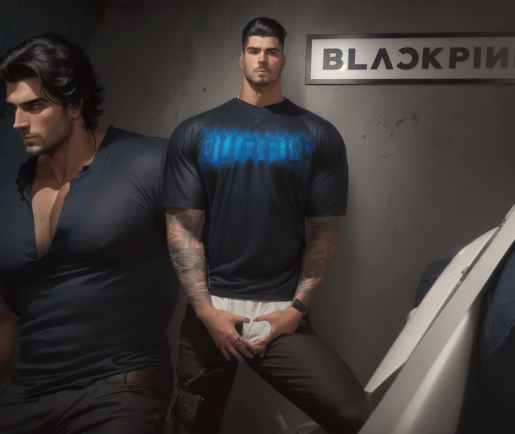 There's a handsome man, inspirado em Ralph Burke Tyree, wearing a tight blue blouse, man strong, bolo pose, inspired by Randy Vargas, inspired by Ludovit Fulla, he is wearing a t-shirt, (beautiful eyes detailed best quality), (detailed realistic face), (realistic beautiful black hair), (high detailed realistic black hair), (detailed black eyes)
