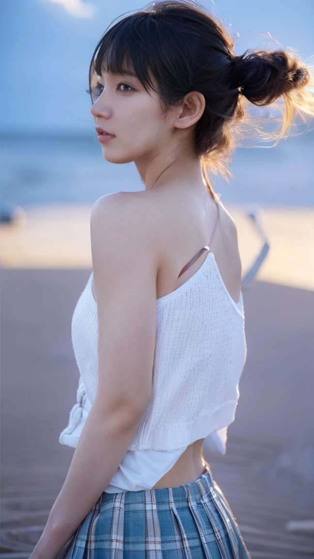 A woman who has been and tied up is squatting on the shore of a lake、Her hands are tied behind her back with her wrists crossed and tied with rope、Beauty、Wearing a short-sleeved blouse、She is wearing a skirt with a Barbarian pattern.、View from directly behind、Looking Ahead、, black hair, bangs, floating hair, straight hair, shiny hair, eyeball, blush, blush, shy, Surrealism, cinematic lighting, first-person view, pov, pov, UHD, best quality, highres, 8k