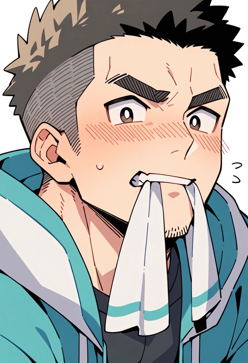 anime characters:Priapus, Muscle Sports Student, Buzz Cut, Manliness, male focus, Sports tight hooded sweatshirt, Very tight, full and perky chest muscles, muscular male, muscular, only, Upper body, alone, Black short hair, Thick eyebrows, stubble, Brown-red pupils, White background, simple background, amazing quality, best aesthetics, Ridiculous, crew cut, blush, mouth hold, Biting a white cotton towel in the mouth, embarrassed, shy, endured face, negative space, best quality