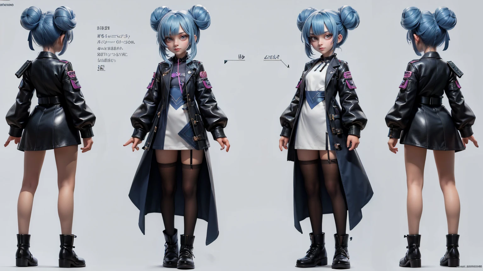 girl, wearing a doctor's coat with a healing device, Twin Buns Bang , Red Violet , gaming full straight standing pose, 14yo student, , Full body, girl, , Simple plain background, HD, standing, modern , front view, modern dresses, unique,+3 View prompt standing, 3 View Drawings, side and Front and back, Character Sheet, Full body, Simple white background, character reference sheet, Concept art, design sheet, Character Design, full body adoptable horizontal clear and blue hair