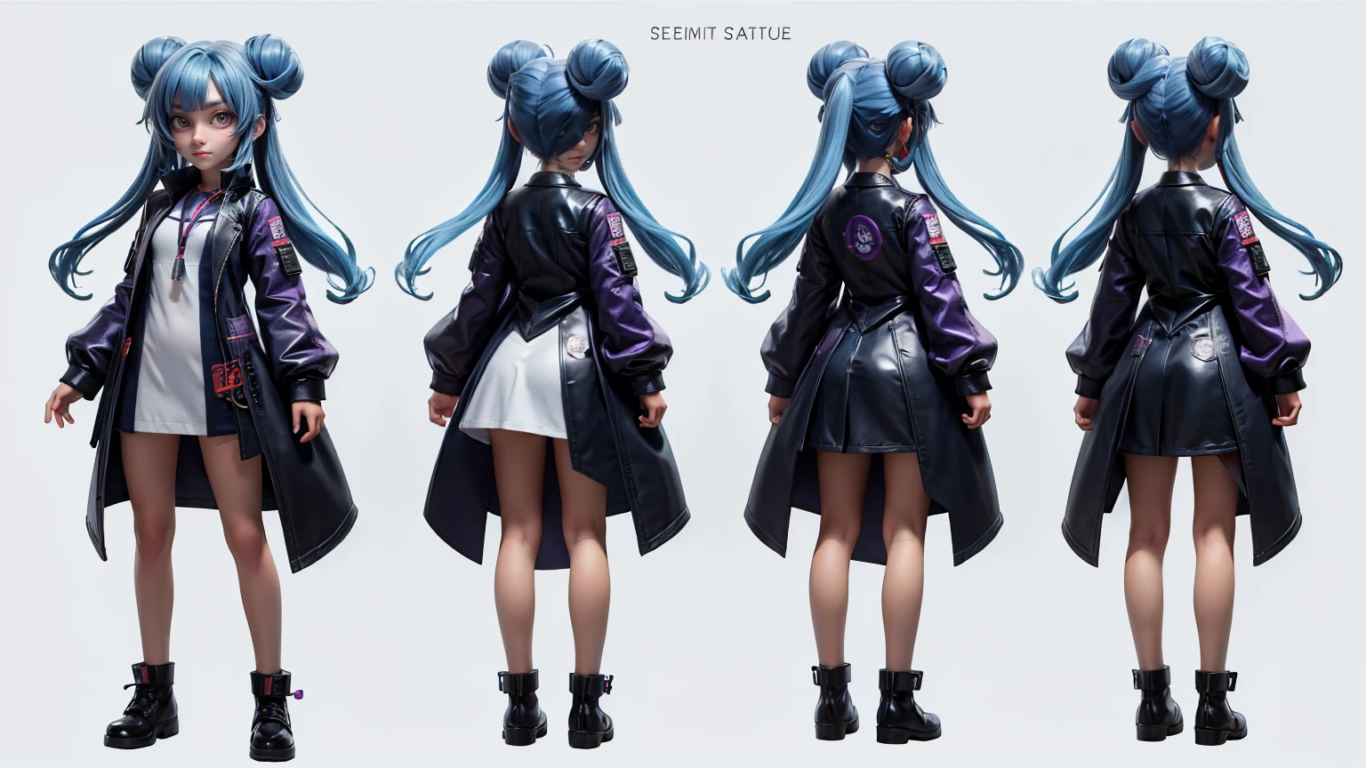 girl, wearing a doctor's coat with a healing device, Twin Buns Bang , Red Violet , gaming full straight standing pose, student, , Full body, girl, , Simple plain background, HD, standing, modern , front view, modern dresses, unique,+3 View prompt standing, 3 View Drawings, side and Front and back, Character Sheet, Full body, Simple white background, character reference sheet, Concept art, design sheet, Character Design, full body adoptable horizontal clear and blue hair