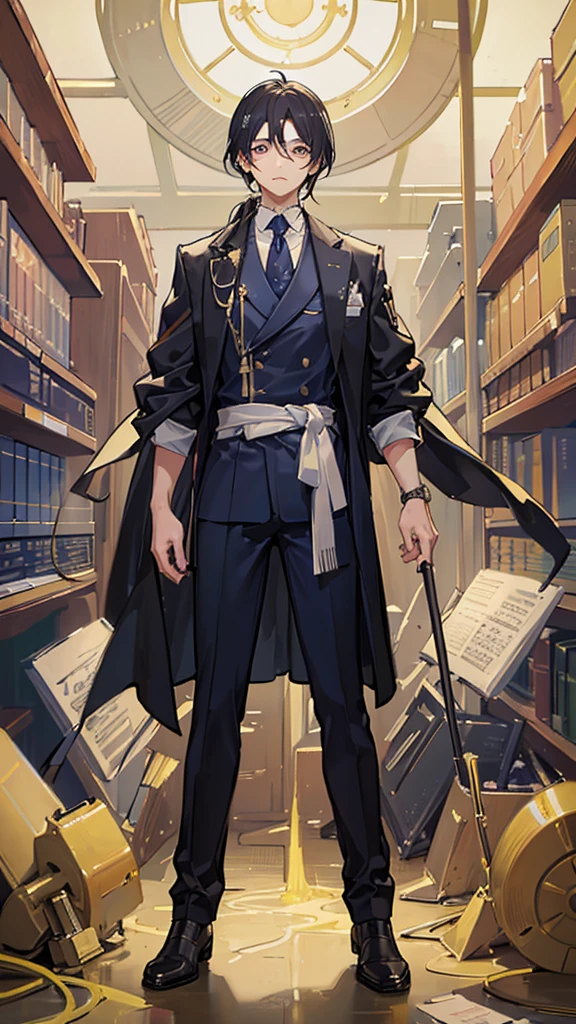 (Highest quality)), ((masterpiece)), (detailed),Background is the research institute、I have documents in my hand、Researcher、A man around 35 years old、A man with waist-length black hair tied back、Wearing a white lab coat,Eye color is a calm blue、Where to Find Them Lab。