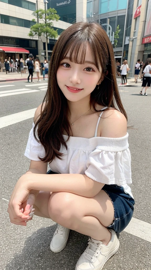 High resolution, Highest quality, Perfect dynamic composition, Beautiful attention to detail, Off the shoulder、Shiny Hair、Medium Hair, Natural color lip, university student、Harajuku、smile、Crouching、M-shaped feet