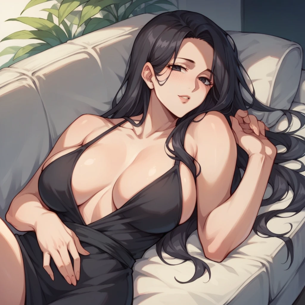 Busty mature Japanese mother , Black long hair, black eyes, With black summer dress, Lying sideways on white sofa, Sexy pose