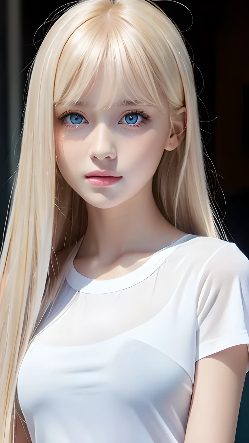 Unparalleled beauty, Glowing, firming and radiant skin, Bangs between the eyes, Glossy Straight Beautiful Platinum Blonde, Super long, straight, silky hair, Eyeliner, Sexy beautiful innocent 14 year old, High definition big beautiful bright blue eyes, Beautiful and lovely girl, Baby Face, Short sleeve shirt