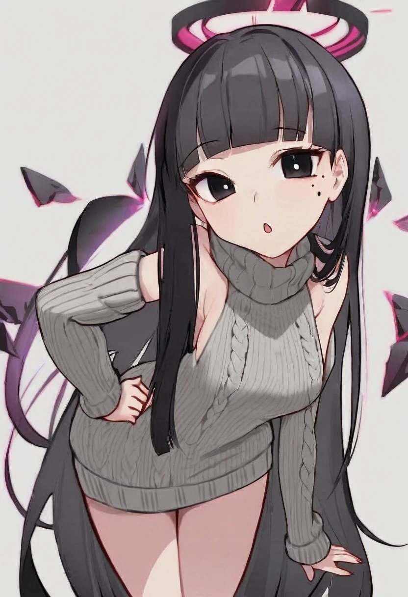 (score_9, score_8_up, score_7_up), 1girl, VirtuosaBase, cute, (chibi:0.7), black hair, blunt bangs, long hair, broken halo, energy wings, black eyes, mole under right eye, small breasts, virgin killer sweater, detached sleeves, gray sweater, single hand victory pose, hand on hip, leaning forward, looking at viewer, upper body, zoom out, white background,nude ,pussy , open legs
