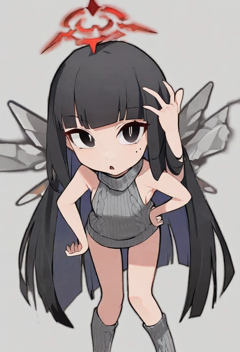 (score_9, score_8_up, score_7_up), 1girl, VirtuosaBase, cute, (chibi:0.7), black hair, blunt bangs, long hair, broken halo, energy wings, black eyes, mole under right eye, small breasts, virgin killer sweater, detached sleeves, gray sweater, single hand victory pose, hand on hip, leaning forward, looking at viewer, upper body, zoom out, white background,nude ,pussy , open legs