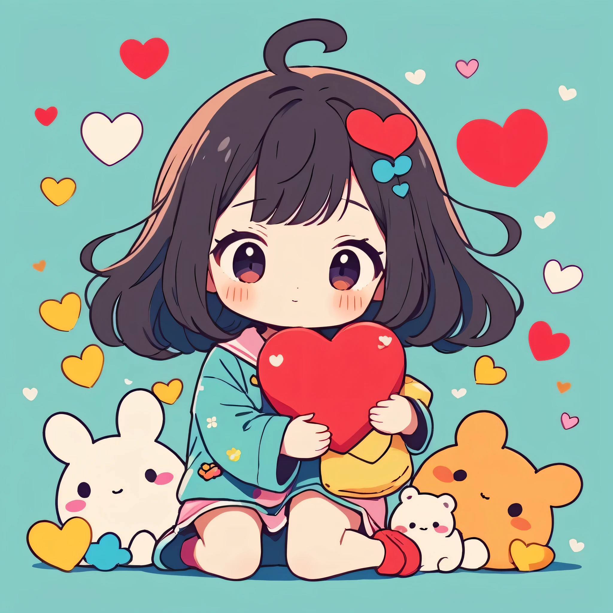 Momoko Sakura colorful style, Simple Line Initialism,Abstract art,Kawaii Design, The most beautiful girl of all time、chibi, (((Hug))), (((Cute pillbugs))), colorful hearts, summer version,