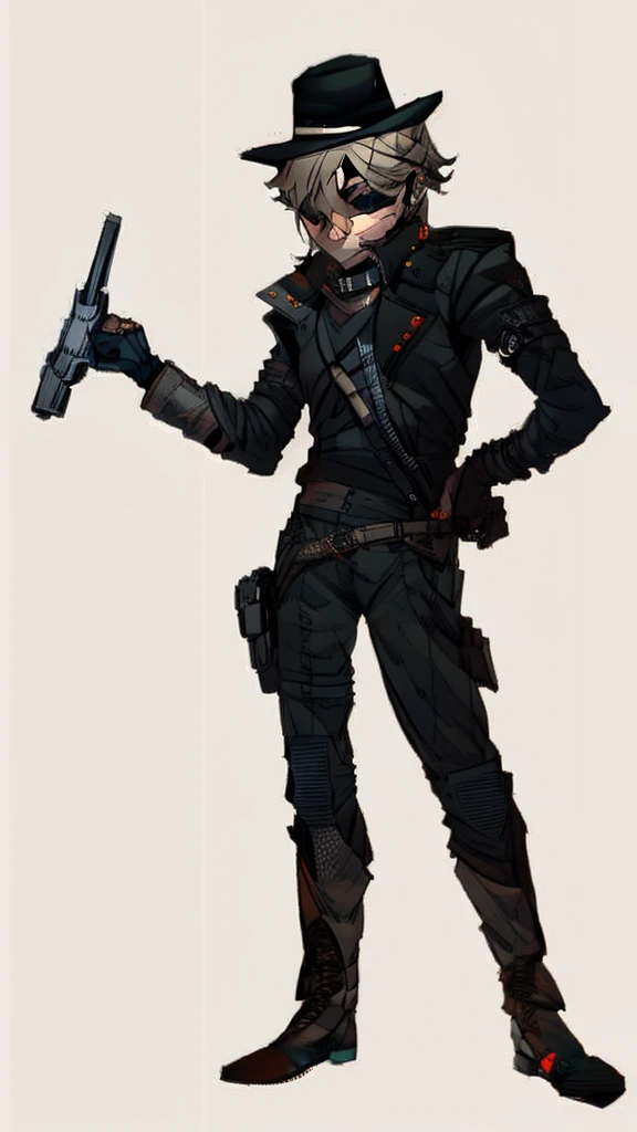 A man in black leather clothes, The eyes, black hat, holding a revolver with one hand, fully body, view from above