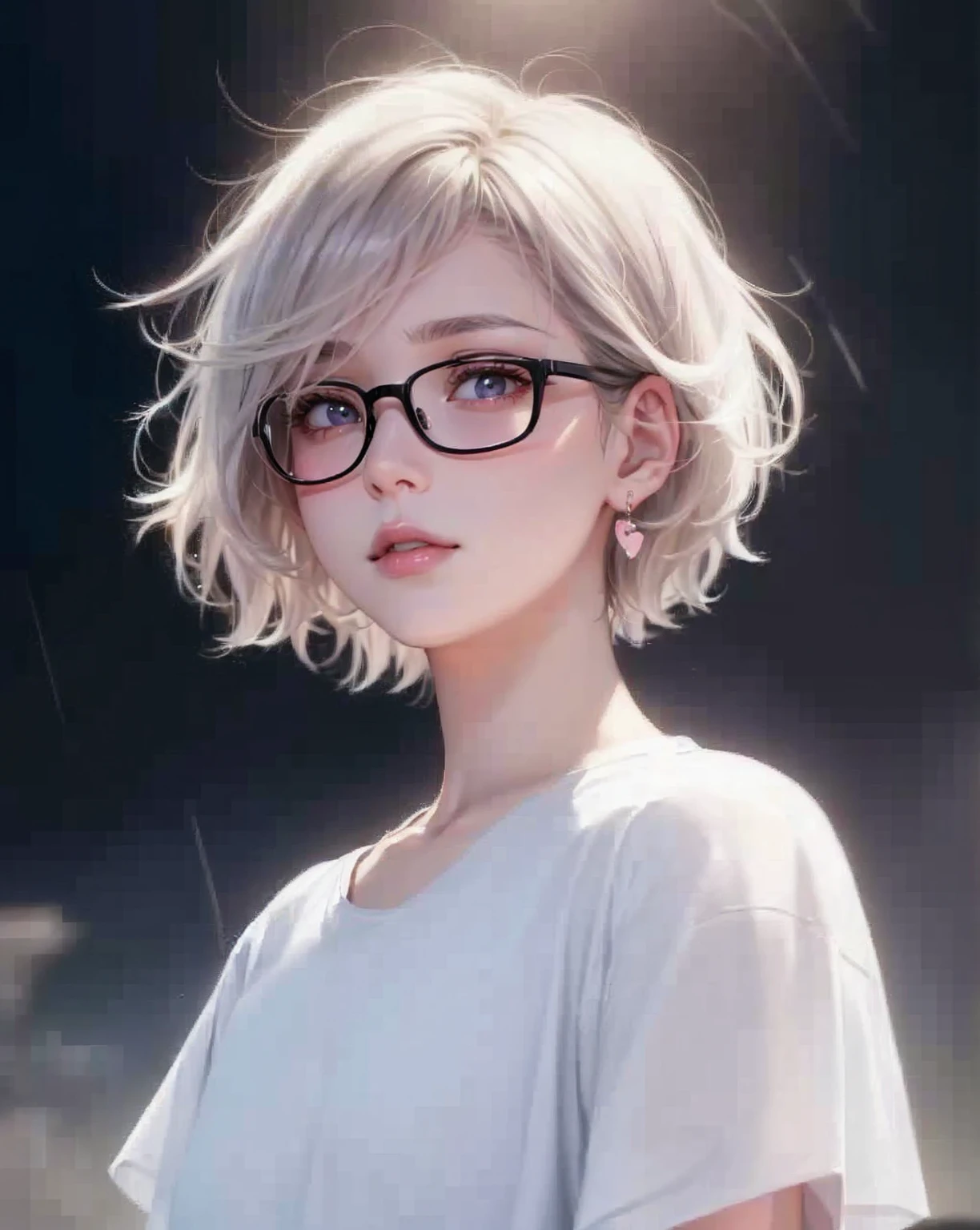 Beauty, High nose, Long eyelashes, 目にLight, Pink Lips, Closed Mouth, pastel colour, purple, Dull pink, Dull Blue, heart, Light, Strong winds, Fluttering Hair, 目にLight, White Skin, Big eyes, Inner color hair, turn around, Get wet, short hair, cute, 30 years old, perfume, Prada, glossy, charm, Real, summer, null, smile, Weather showers, Wolf Hair, Big white t-shirt, Gray Hair,