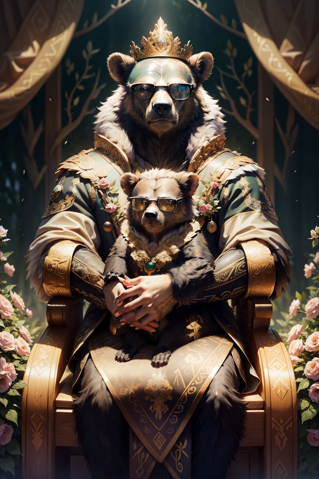In the heart of a bygone era, a peculiar medieval crest emerges, meticulously crafted to represent the distinctive features of the spectacled bear. The central figure of the crest is a majestic spectacled bear, its eyes framed by a pair of quill-like spectacles, adding an enchanting touch of elegance and intelligence to its regal appearance. The bear is depicted sitting proudly upon a throne made of intertwined branches, surrounded by vibrant flowers blooming in various shades of green and gold.
Below the bear throne, the family's motto is inscribed in elegant calligraphy, "Unity in Strength," symbolizing the