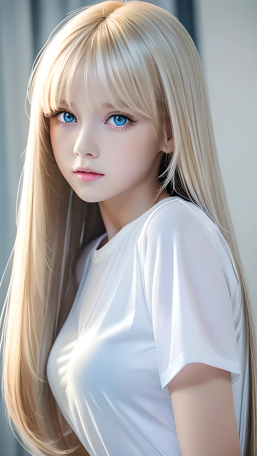 Unparalleled beauty, Glowing, firming and radiant skin, Bangs between the eyes, Glossy Straight Beautiful Platinum Blonde, Super long, straight, silky hair, Eyeliner, Sexy beautiful innocent 14 year old, High definition big beautiful bright blue eyes, Beautiful and lovely girl, Baby Face, Short sleeve shirt