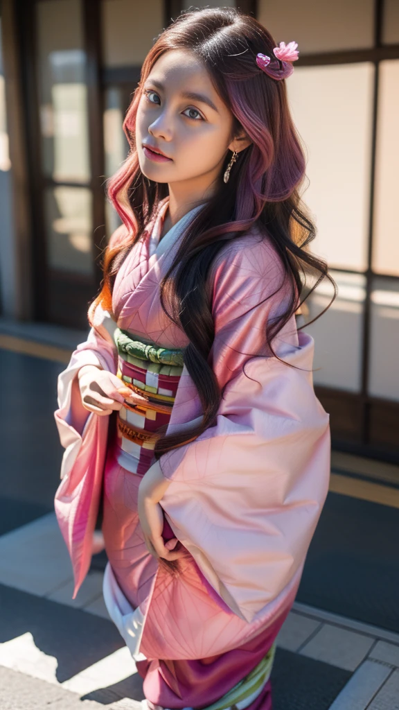 Cute Japanese female, (), (Very cute face: 1.3), White moist skin, Looking at the camera, Melancholy expression,
BREAK,
Idol,
BREAK,
(Wearing cute kimono: 1.3), (Highly revealing kimono), Very large earrings, Short length,
BREAK,
(Fighting pose: 1.3),
BREAK,
(Long hair), (Pink hair: 1.2), (Wavy hair), (Gradient hair: 1.3), (Red hair at the ends),
BREAK,
(Realistic: 1.3), Masterpiece, Perfect lighting, (Ultra-high resolution), (8K), (Highly detailed: 1.4), (From the front), (Full body: 1.3), (Symmetrical: 1.2),
BREAK,
(Japanese city streets: 1.2),
BREAK,
(Demon Slayer: 1.4),
BREAK,
(Hashimoto Kanna: 1.2),