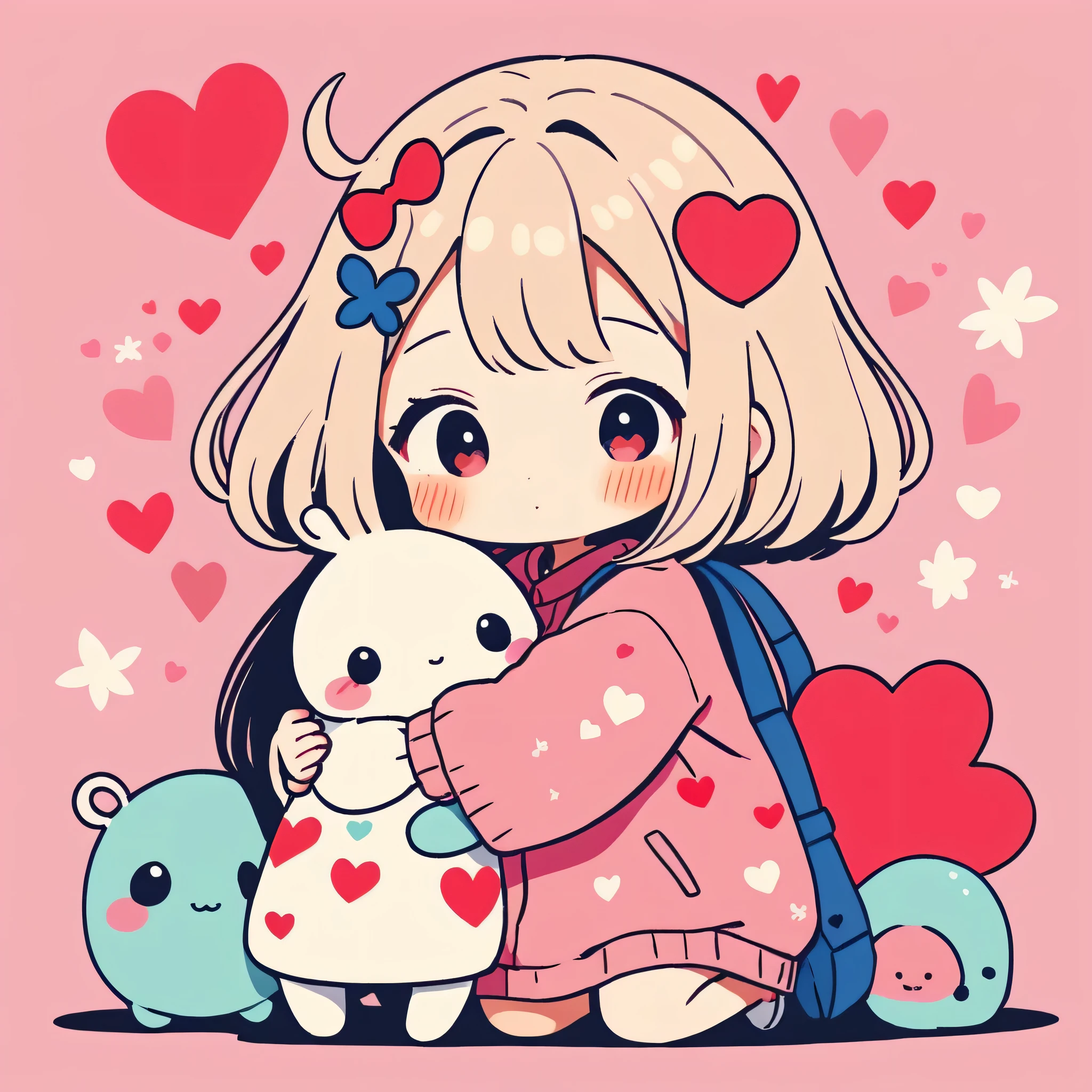 Momoko Sakura colorful style, Simple Line Initialism,Abstract art,Kawaii Design, The most beautiful girl of all time、chibi, (((Hug))), (((Cute pillbugs))), colorful hearts, summer version,