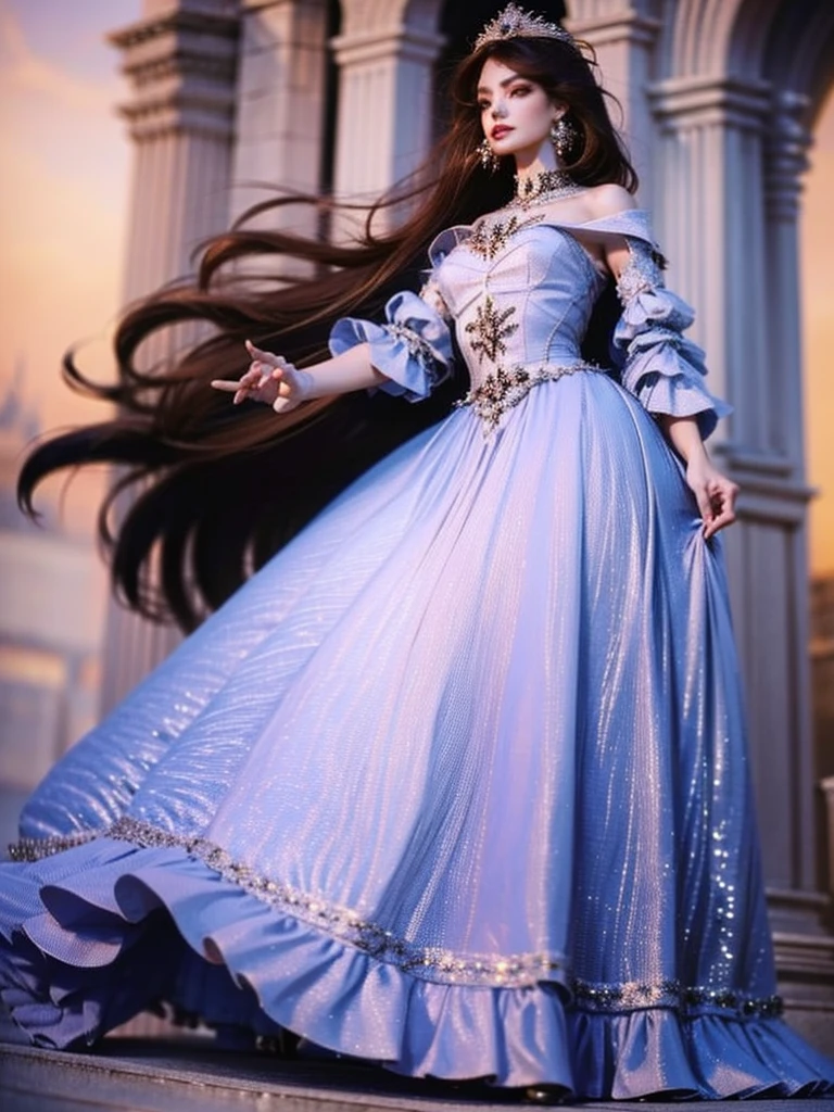 ((top-quality、​masterpiece、photographrealistic:1.4、8K))、1 beautiful detailed girl、extremely detailed eye and face、beatiful detailed eyes、（Red luxury dress in medieval European style、Princess）、Luxury accessories、Elegant smile、（Depict a scene of a princess standing on the balcony of a castle where the sun rises。She stared into the distance、Hair swaying in the wind and a dress complement her noble vibe。）、Cinematic lighting、Textured skin、Super Detail、high detailing、High quality、hight resolution、（looking at the viewers）