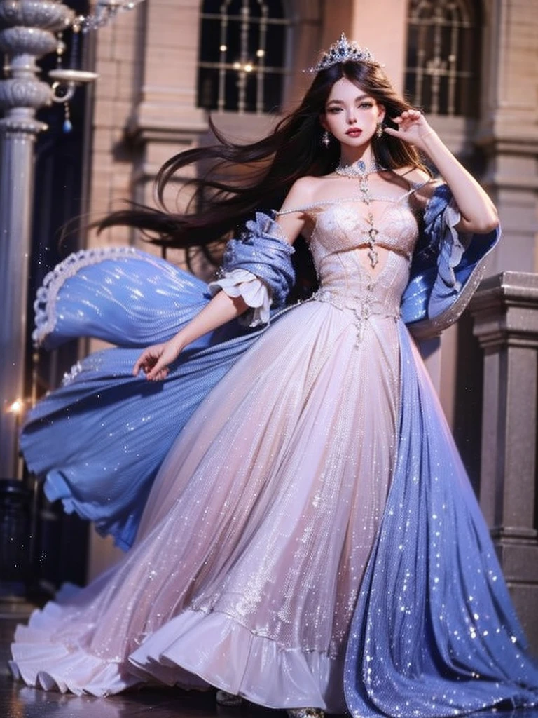 ((top-quality、​masterpiece、photographrealistic:1.4、8K))、1 beautiful detailed girl、extremely detailed eye and face、beatiful detailed eyes、（Red luxury dress in medieval European style、Princess）、Luxury accessories、Elegant smile、（Depict a scene of a princess standing on the balcony of a castle where the sun rises。She stared into the distance、Hair swaying in the wind and a dress complement her noble vibe。）、Cinematic lighting、Textured skin、Super Detail、high detailing、High quality、hight resolution、（looking at the viewers）