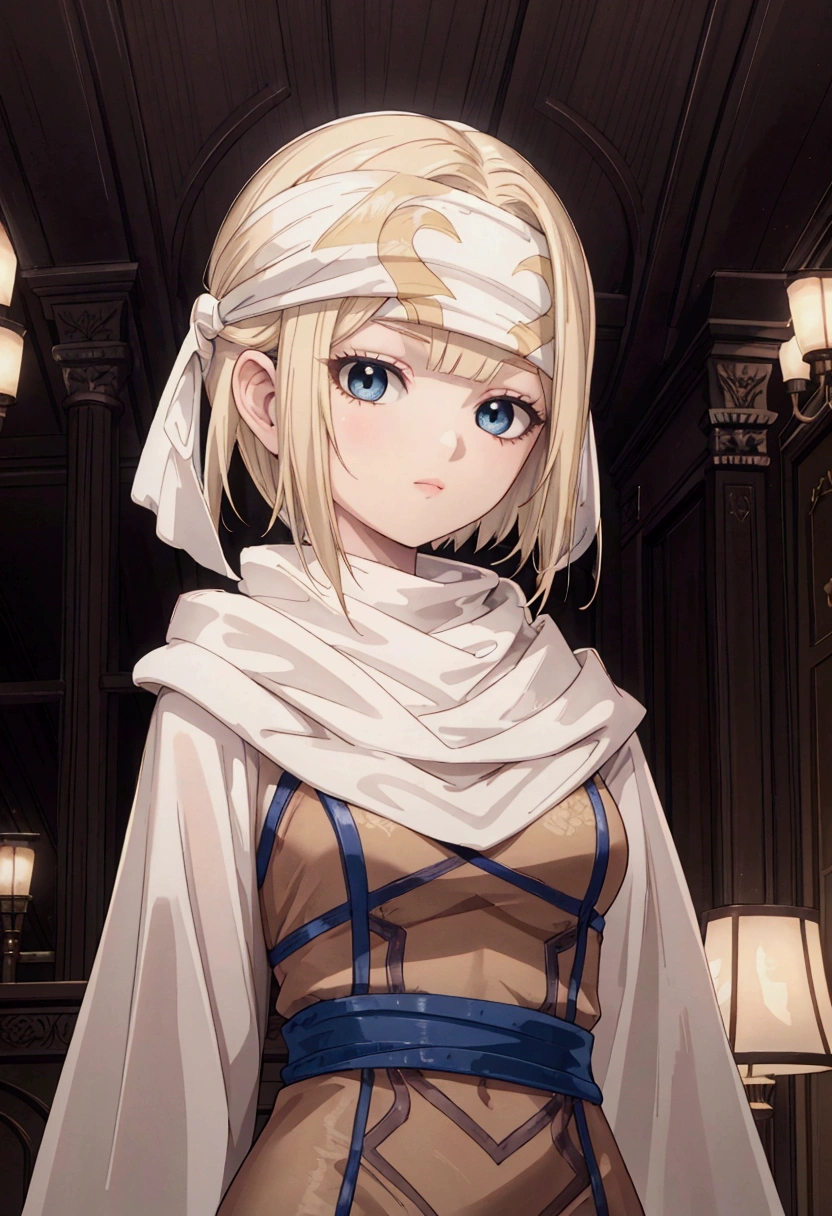 masterpiece), best quality, high resolution blonde 1girl bob cut medium hair standing alone cowl headband profile image looking at viewer beautiful eyes beautiful face extremely detailed