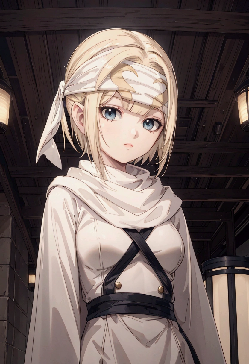 masterpiece), best quality, high resolution blonde 1girl bob cut medium hair standing alone cowl headband profile image looking at viewer beautiful eyes beautiful face extremely detailed