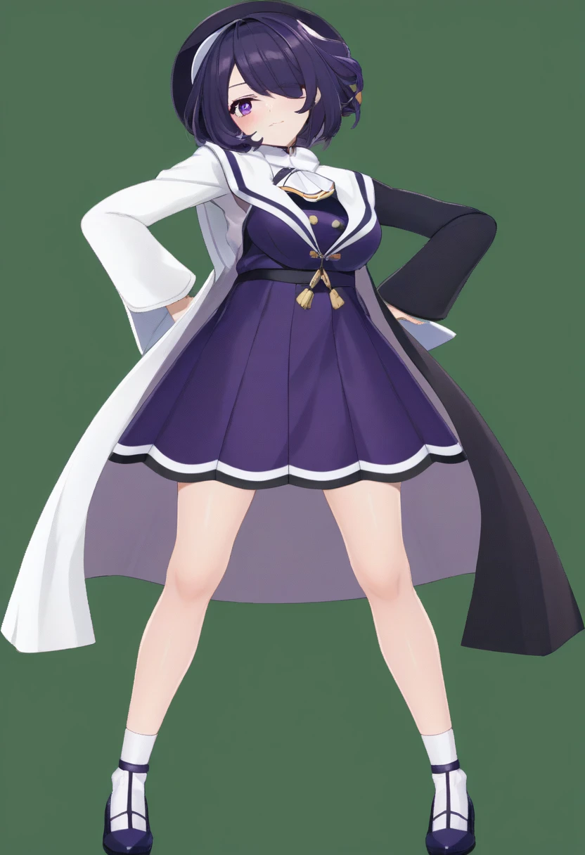 a close up of a person in a dress and a hat, Anime VTuber Full Body Model, Maya Faye from Ace Attorney, Full-body white and purple cloak, ((wearing a noble robe)), a purple and white dress uniform, Girls Frontline Style, Azur Lane Style, Cute anime waifu in a nice dress, Purple and white cloak