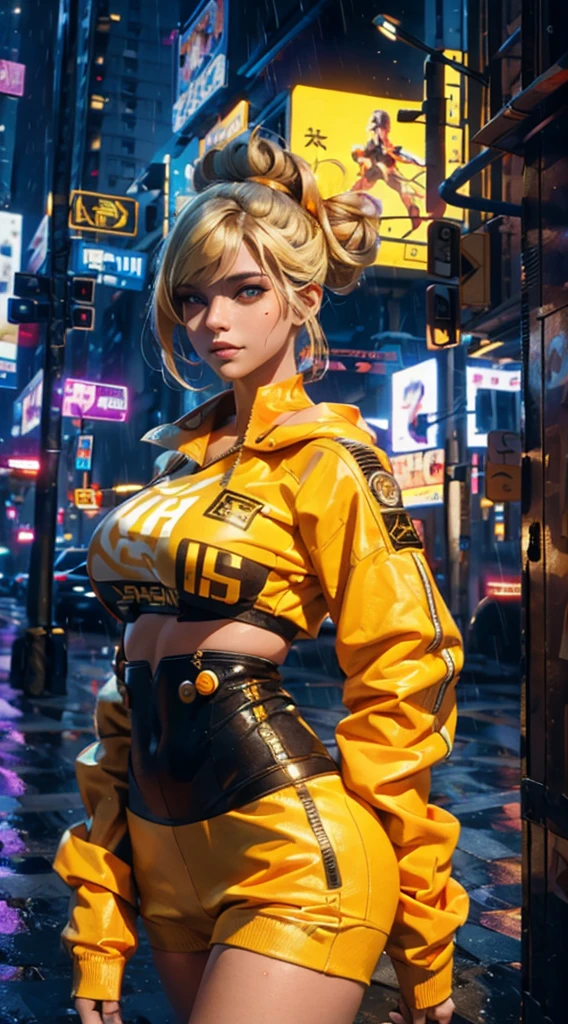 masterpiece, maximum quality, ultra high resolution, 8k, a girl,beauty,21years old,fair skin, extremely beautiful,strong gaze, alone,bust portrait,cyberpunk outfit, extremely detailed face, detailed eyes, mischievous smile, cheerful, realistic photo, totally realistic, human pelle, studio lighting,golden ratio body, wide hips,perfect legs, big ass,blonde hair, double buns,blunt bangs,orange and white clothing,D-cup breasts,in the cyberpunk city,cyberpunk city background,((night)),rain,side pose
