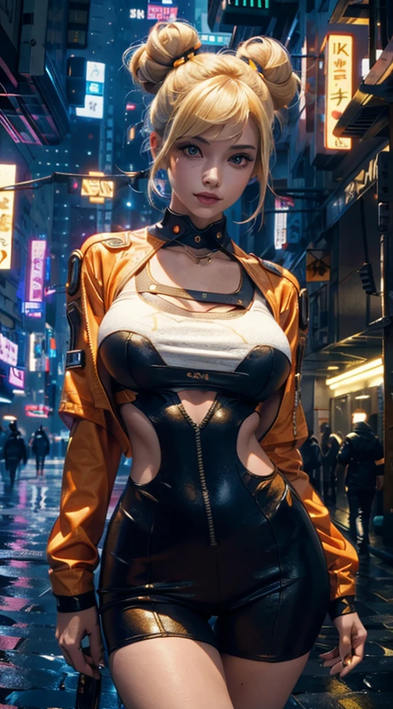 masterpiece, maximum quality, ultra high resolution, 8k, a girl,beauty,21years old,fair skin, extremely beautiful,strong gaze, alone,bust portrait,cyberpunk outfit, extremely detailed face, detailed eyes, mischievous smile, cheerful, realistic photo, totally realistic, human pelle, studio lighting,golden ratio body, wide hips,perfect legs, big ass,blonde hair, double buns,blunt bangs,orange and white clothing,D-cup breasts,in the cyberpunk city,cyberpunk city background,((night)),rain,side pose