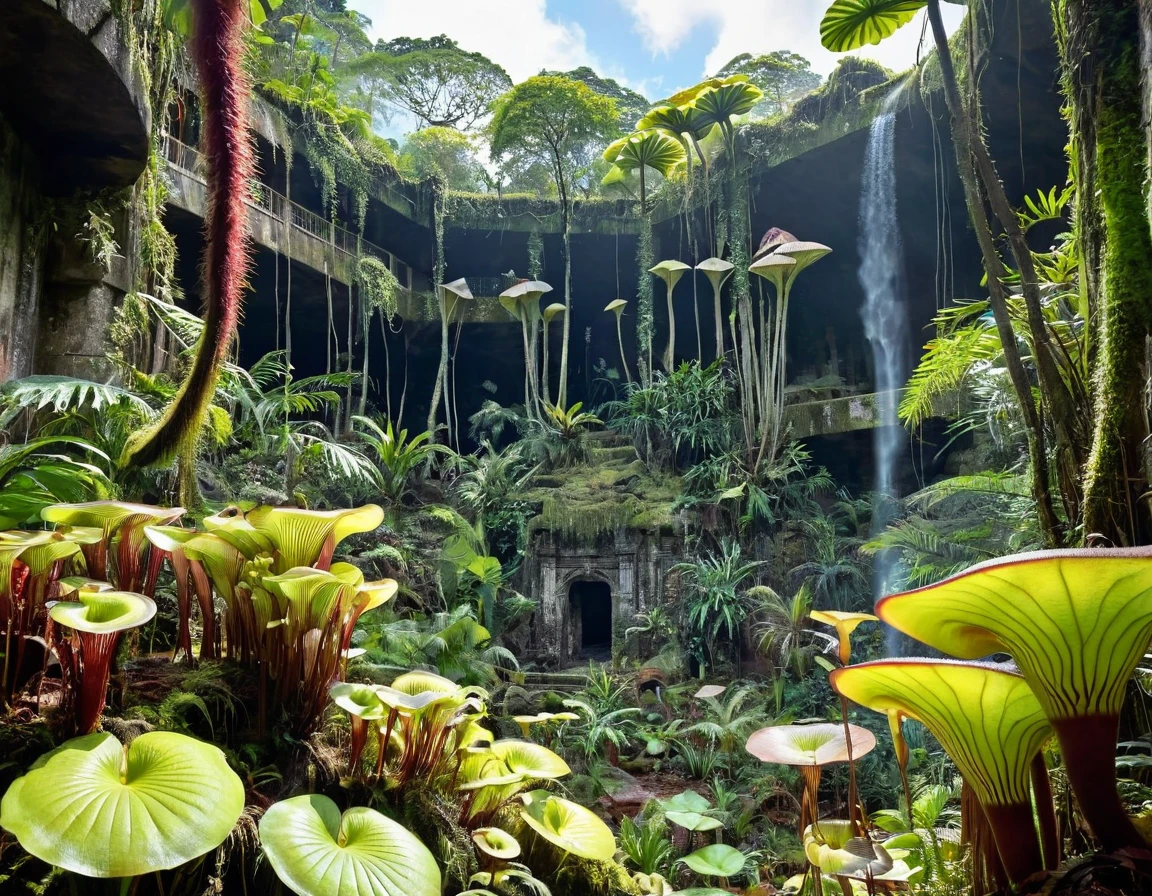 une belle scène de jungle détaillée, forêt tropicale luxuriante, ((carnivorous plants)), ruines antiques, plantes carnivores, fleurs carnivore fantastiques, aventurier explorant, feuillage détaillé, rochers moussus, la lumière du soleil filtre à travers les arbres, 1 personne, tenue d’aventurier, Sac à dos de randonnée, Chapeau style Indiana Jones, expression déterminée, (Meilleure qualité,4k,8k,haute résolution,chef-d&#39;œuvre:1.2),ultra-détaillé,(Réaliste,photoRéaliste,photo-Réaliste:1.37),détails complexes,Éclairage cinématographique,couleurs vives,ombres dramatiques,ambiance mystique, ((suspendu à une liane la tête en bas))